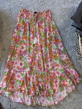 Rachel Zoe Pink, Green & Orange Floral High-Low Maxi Skirt